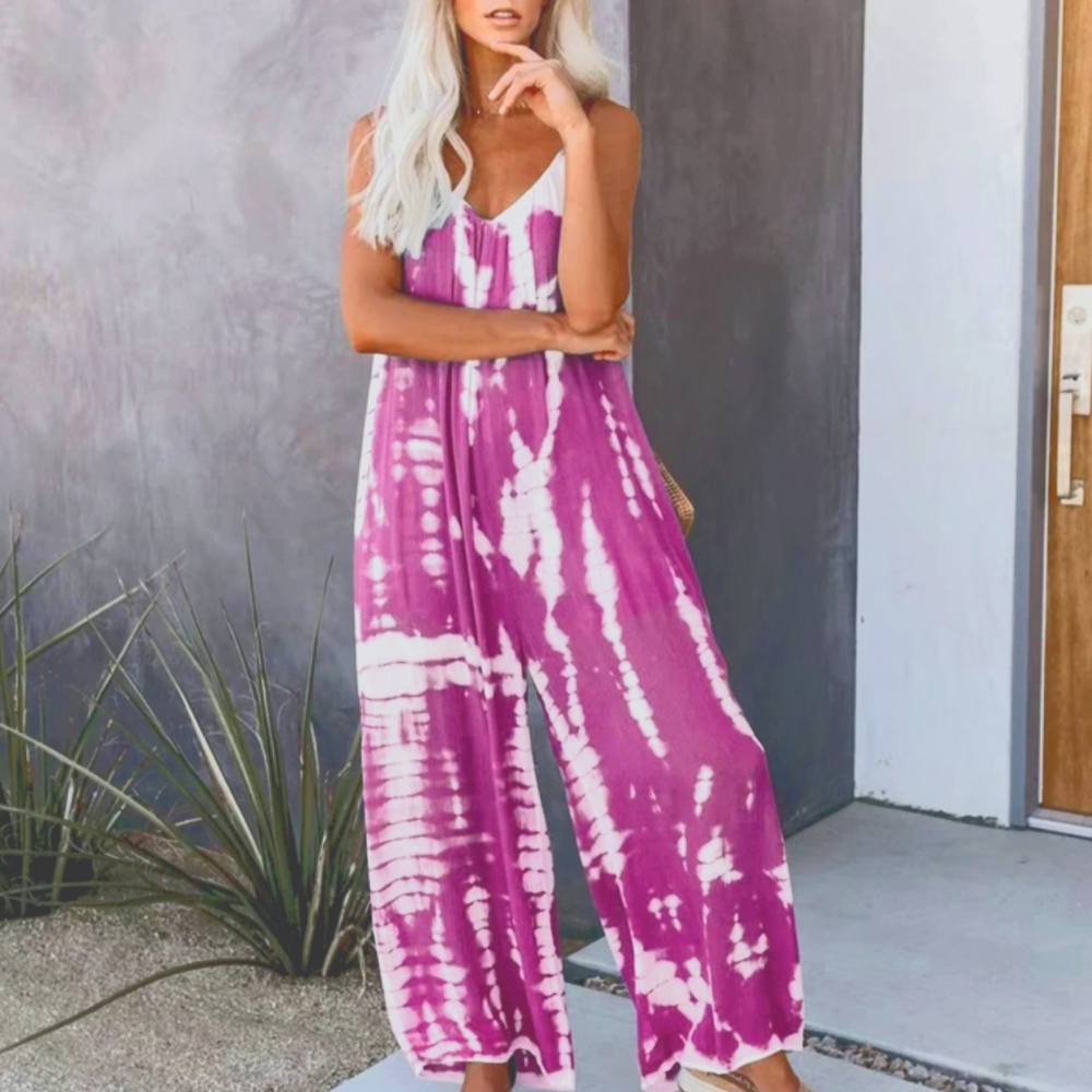 New Tie Dye Trendy Adjustable Spaghetti Strap Wide Leg Jumpsuit Rompers Overalls